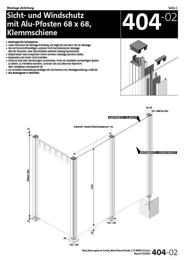 404 Alu-Pfosten Klemmschiene mit Glasscheiben
